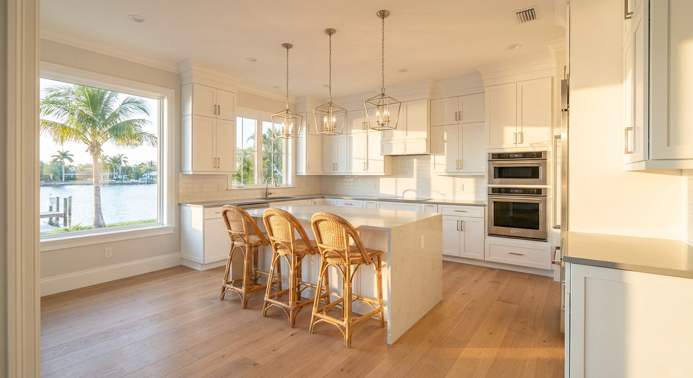 Sarasota kitchen after professional cleaning: gleaming counters, clean stovetop, polished floors