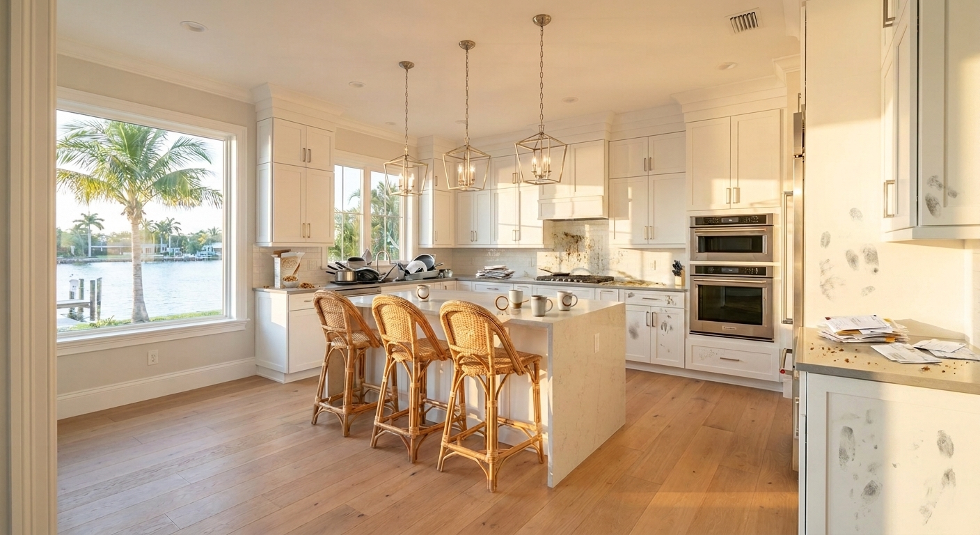 Sarasota kitchen before cleaning: grease on stovetop, dust on counters, dog hair on floors